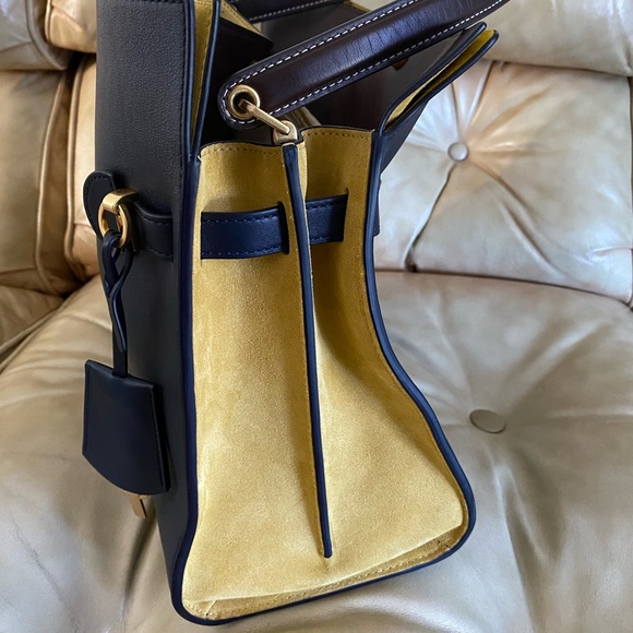 LARGE Tory Burch Lee Radziwill Double Bag Leather Suede Navy Yellow NO STRAP! - Picture 5 of 16